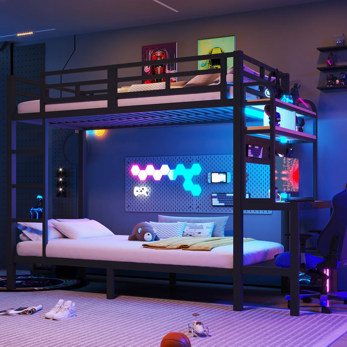 ETAGENBETT 90/200 cm in Schwarz mit Schreibtisch, Ablage, LED und USB - Schwarz, Holzwerkstoff/Metall (90/200cm) - STILVORA