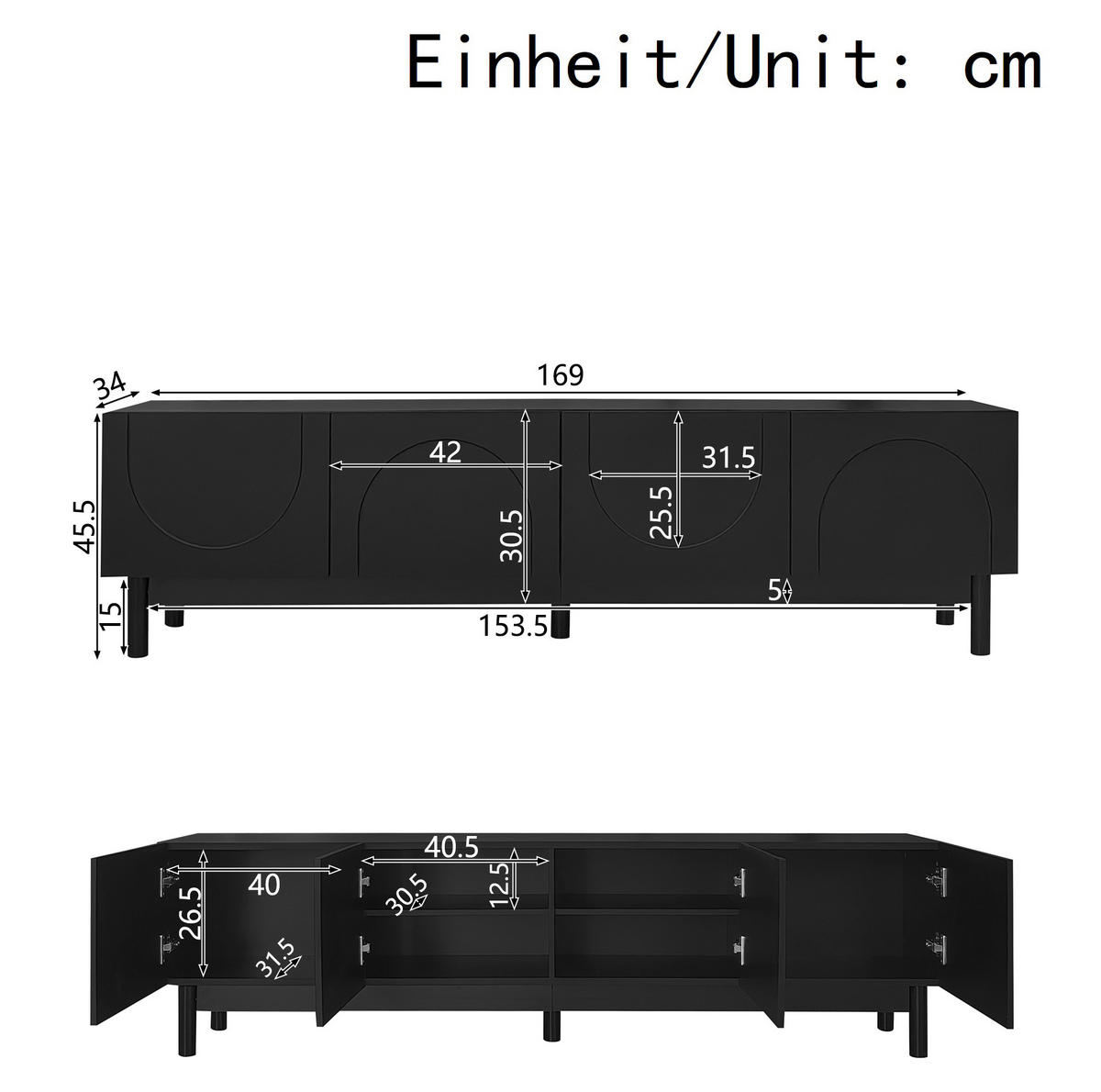 LOWBOARD 169/34/45.5 cm schwarz aus MDF und Holzwerkstoff grifflos - Schwarz, Holzwerkstoff (35/45.5/169cm) - OKMYHOME