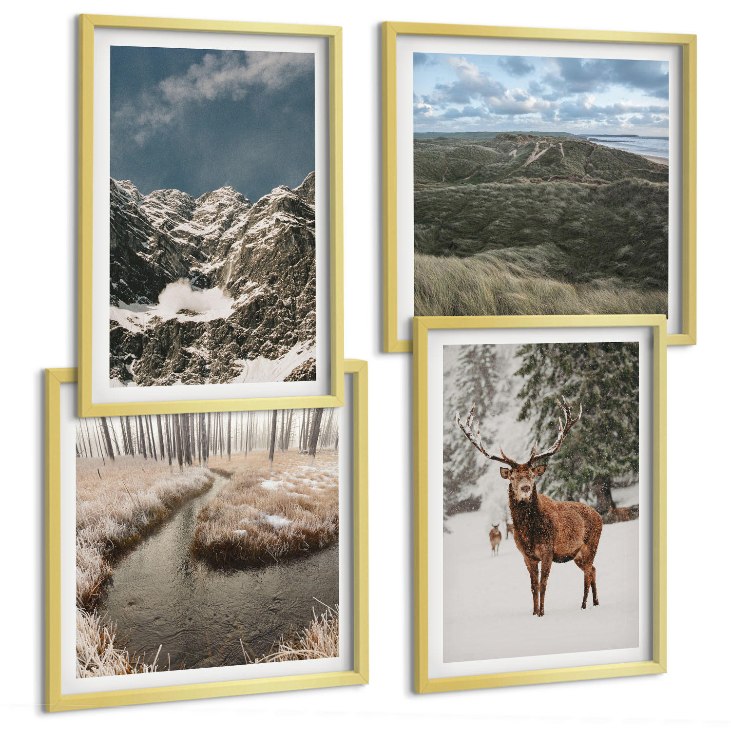 BILDER SET 4er Set - 50x50 cm & 40x60 cm Goldrahmen - Berge, Schnee, Hirsche, Waldlandschaft - Goldfarben, Kunststoff (50/50cm) - TULUP
