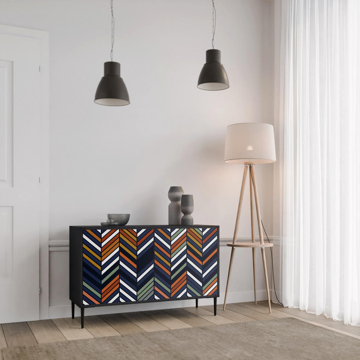 SIDEBOARD VIBRANT PATCHWORK, Eicheneffekt, 111x42x77,5 cm, 2 Türen - Eichefarben/Buchefarben, Holzwerkstoff/Buchenholz (111/77.5/42cm) - SpaceRebels