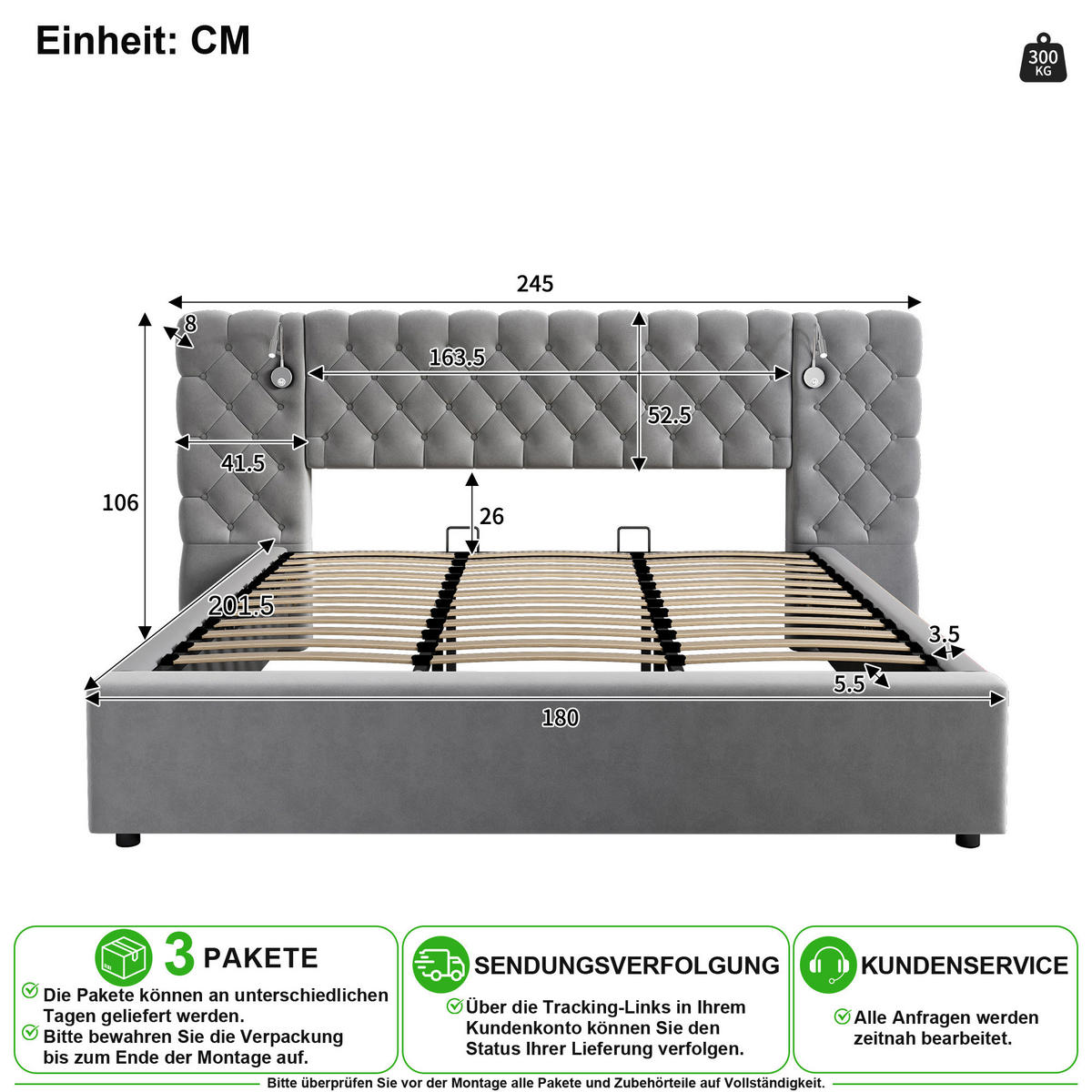 POLSTERBETT 180/200 cm in Grau Samt mit Bettkasten und LED - Grau, Holzwerkstoff/Textil (180/200cm) - CHICFURN