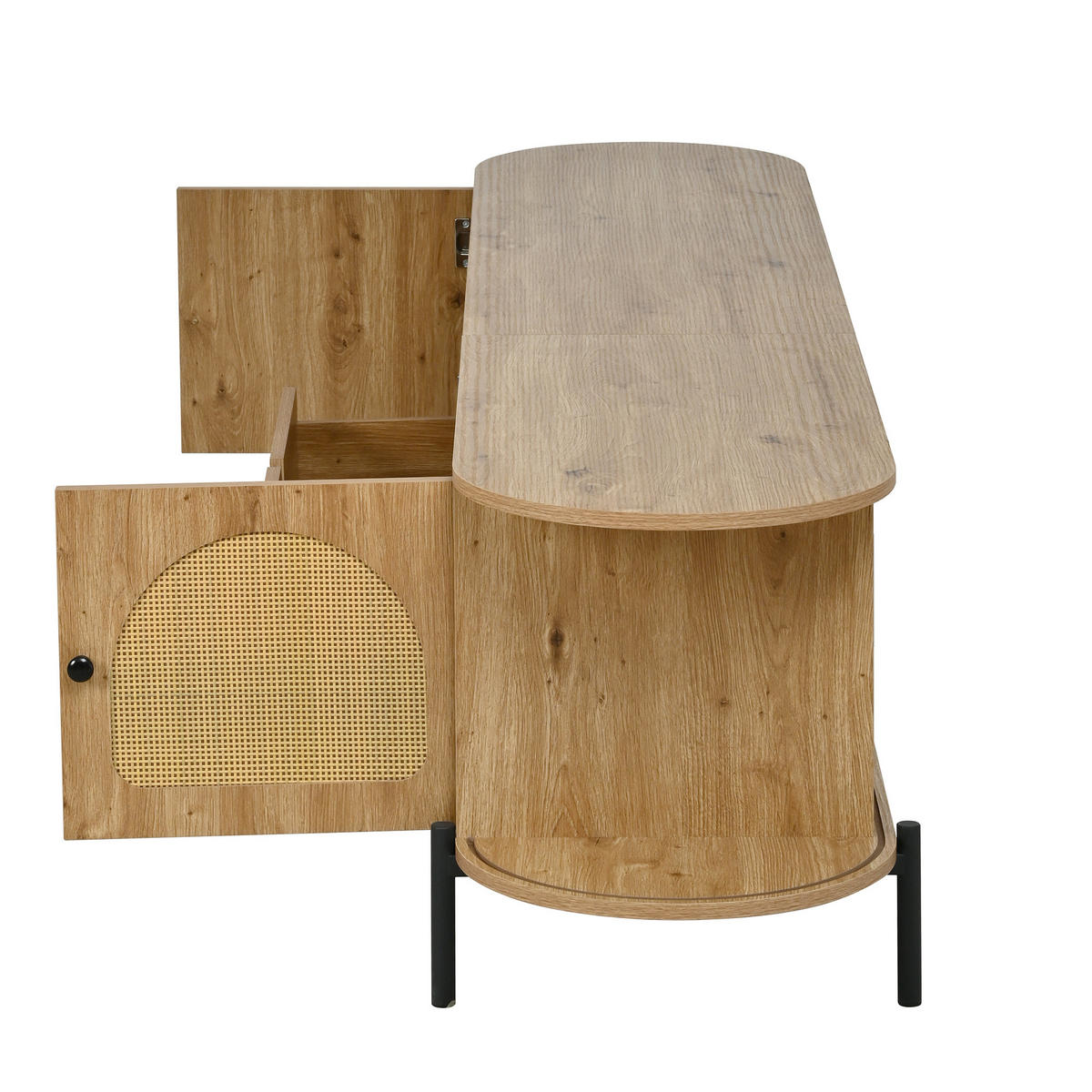 TV-LOWBOARD oval 200 x 40 x 49,5 cm aus MDF, Rattanoptik, Schiebetüren, Schubladen, Natur - Naturfarben, Holzwerkstoff (200/49/40cm)