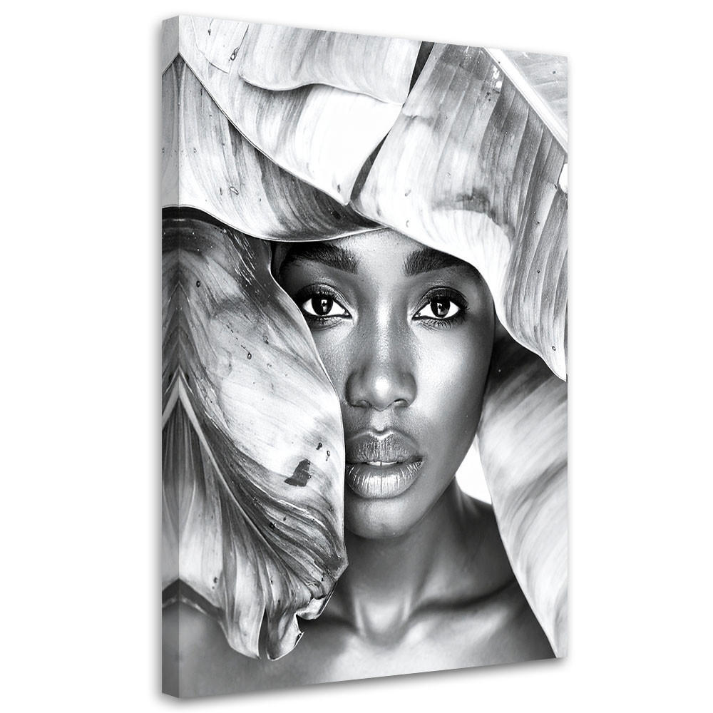 LEINWANDBILD Porträt einer Frau und silbernen Blättern 60x90cm - Grau, Textil (60/90cm) - Feeby