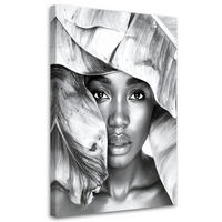 LEINWANDBILD Porträt einer Frau und silbernen Blättern 80x120cm - Grau, Textil (80/120cm) - Feeby