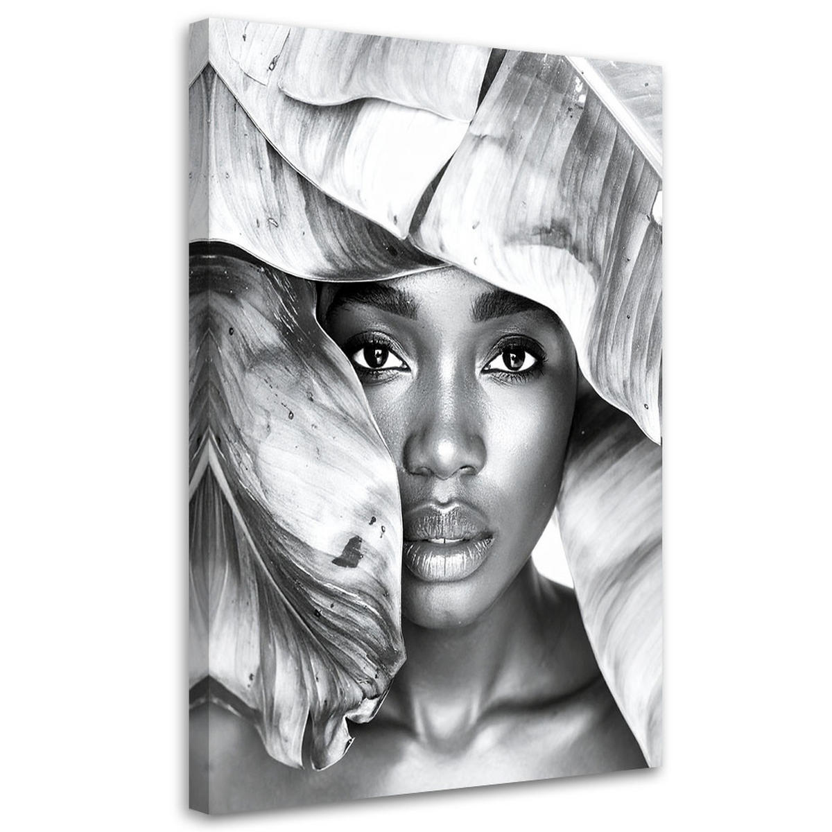 LEINWANDBILD Porträt einer Frau und silbernen Blättern 80x120cm - Grau, Textil (80/120cm) - Feeby