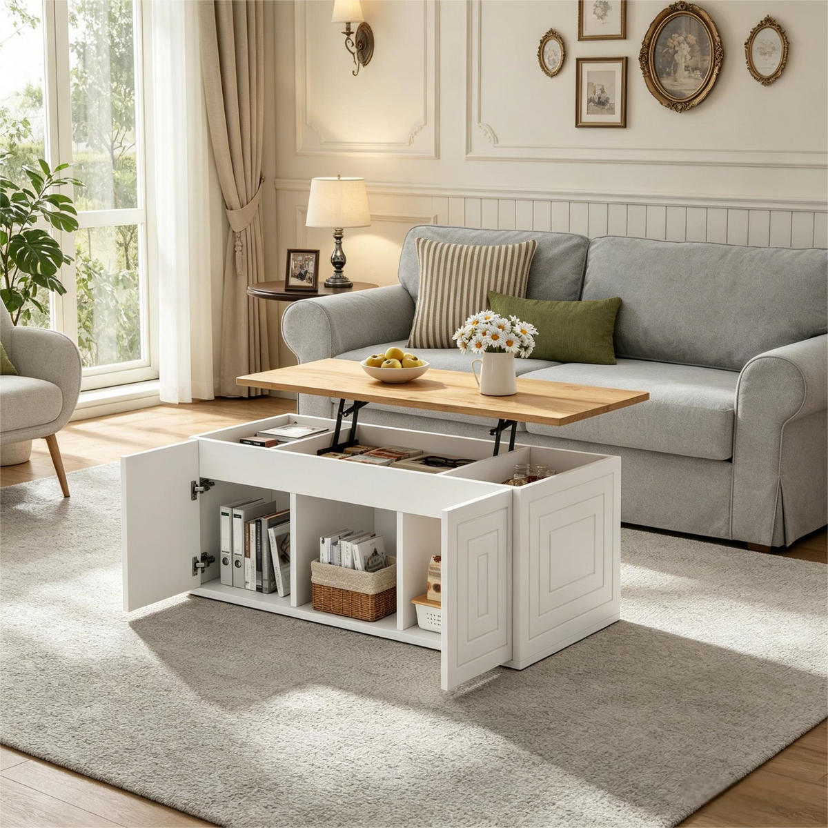 COUCHTISCH Höhenverstellbarer Multifunktionstisch mit Stauraum, Rillen-Design, Doppeltür-Schrank, Holz/Weiß - Weiß, Holzwerkstoff (95/46/45cm) - EVRYAE