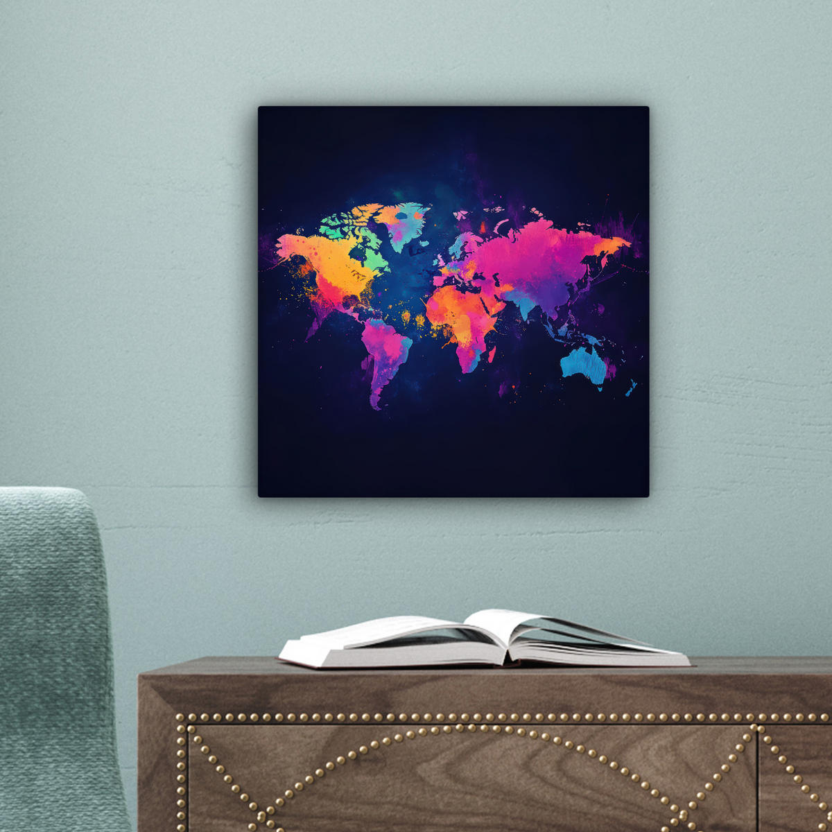 LEINWANDBILD Weltkarte - Bunt - Graffiti 20x20 cm - Multicolor, Textil (20/20cm) - MuchoWow