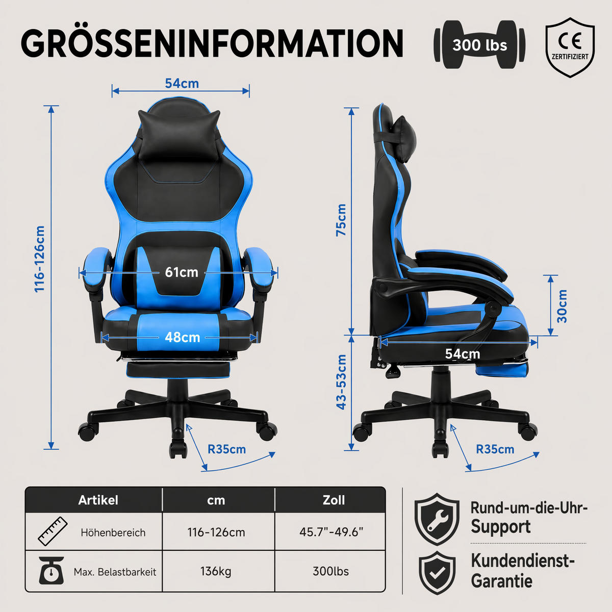 GAMING-STUHL schwarz-blau ergonomisch mit ausziehbarer Fußstütze, Nacken- und Lendenkissen, höhenverstellbar - Blau, Leder (54/116/61cm) - BRILVERDE