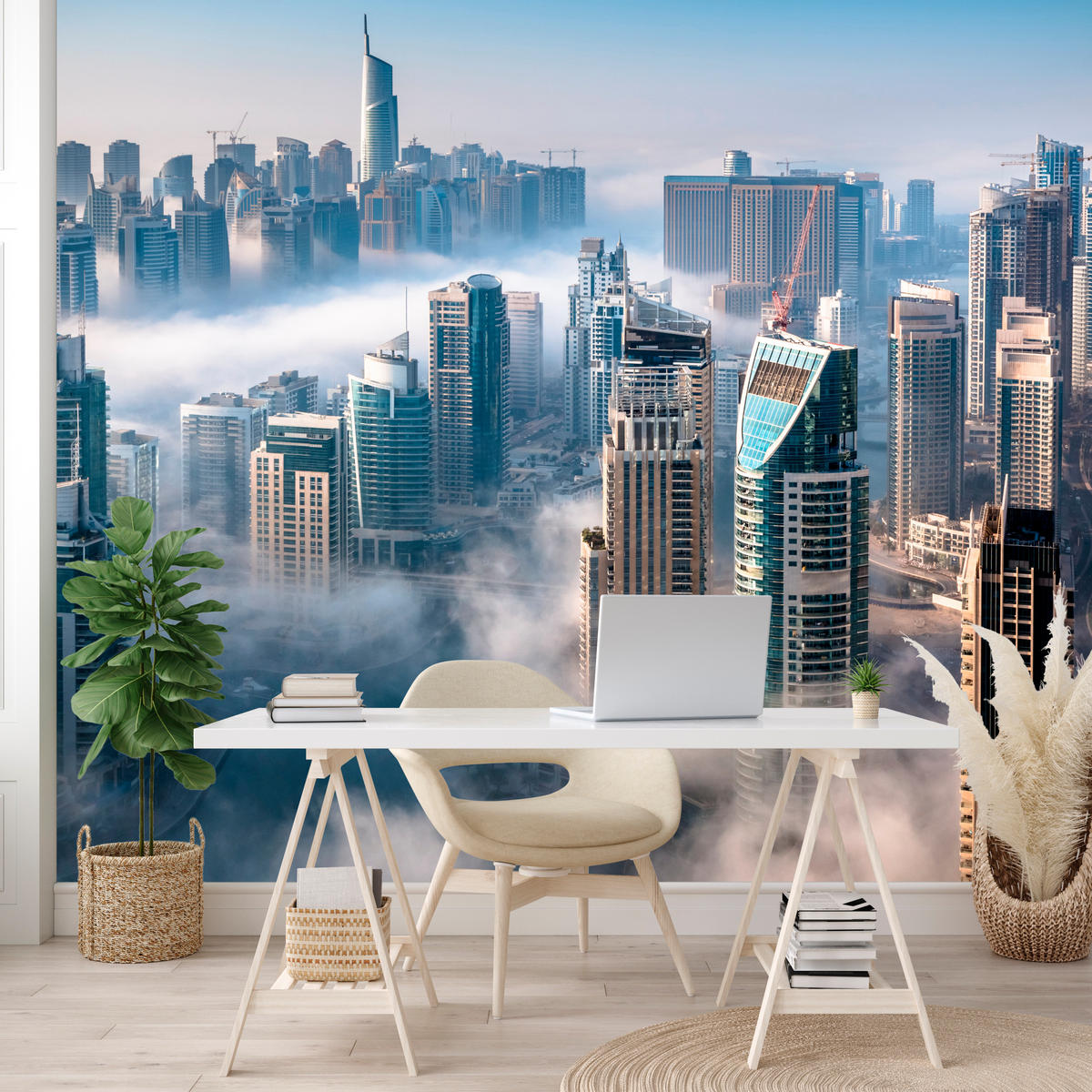 FOTOTAPETE für Büro Dubai Nebel Wolkenkratzer Skyline Panorama 500x350 - Blau/Beige, Papier (500/350cm) - Muralo