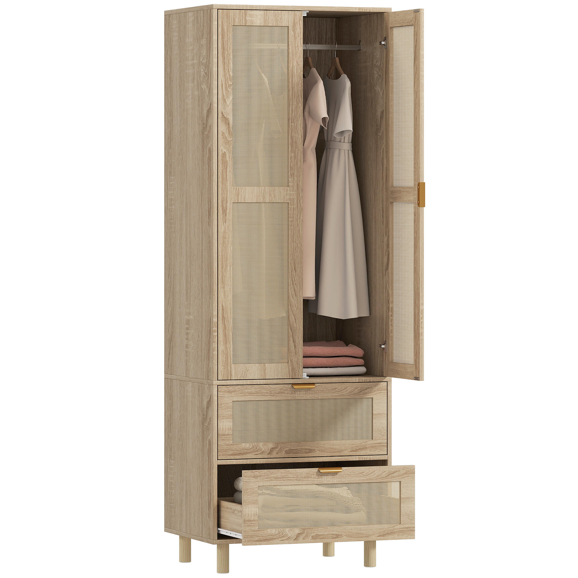 KLEIDERSCHRANK DE-17216 2 Rotting-Türen & 2 Schubladen Natur - Naturfarben, Holzwerkstoff (47/185/63cm) - ComfortXL