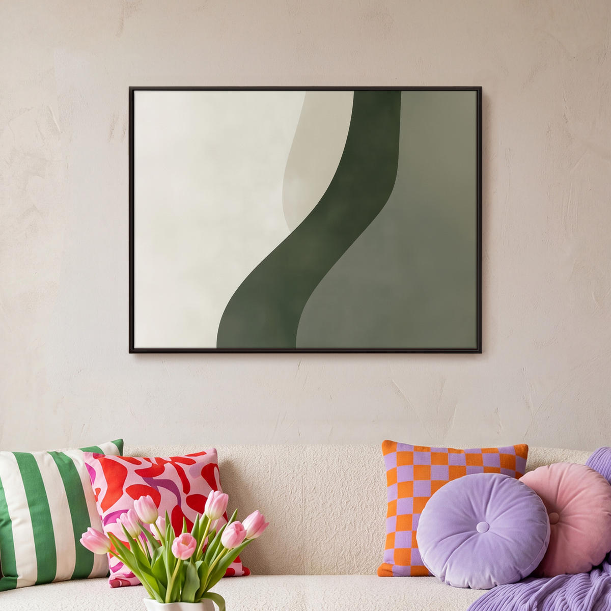 LEINWAND Bilder mit Rahmen - Japandi - Grün - Abstrakt - Modern - 80x60 - Salbeigrün, Textil (80/60cm) - MuchoWow
