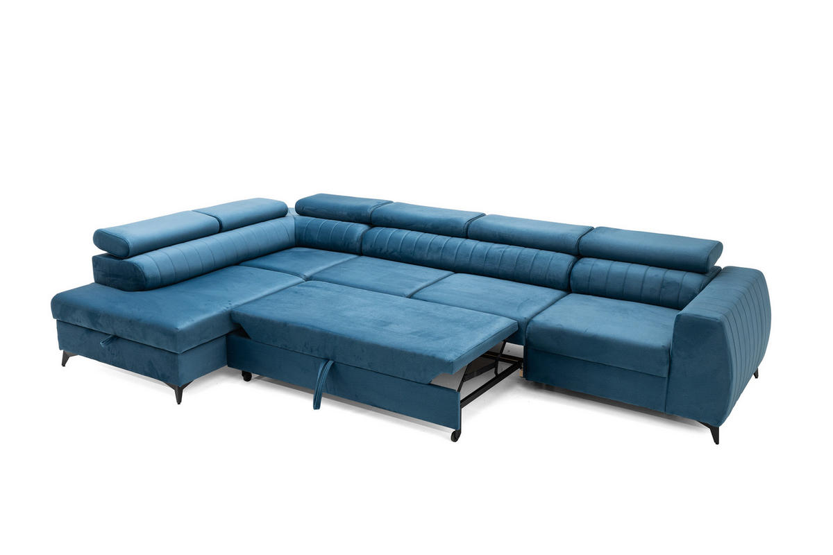ECKSOFA PIERO MAXI Links mit Schlaffunktion 195x125 Velours Blau - Blau/Schwarz, Holz/Textil (350/203cm) - Muffo