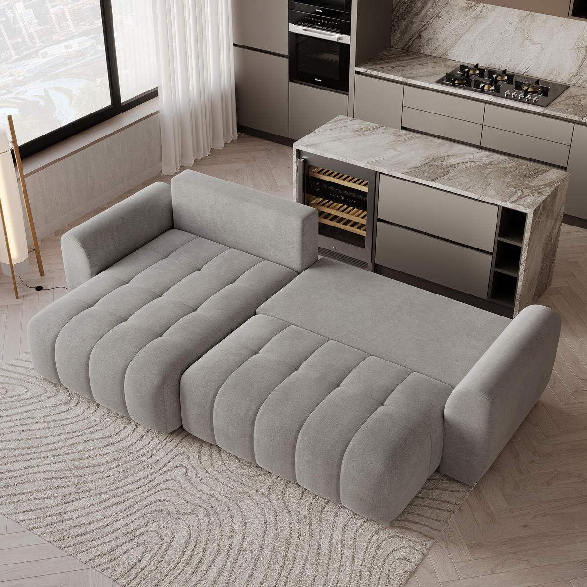 ECKSOFA MODARO CL Hellgrau Samtstoff mit Schlaffunktion - Hellgrau, Holzwerkstoff/Textil (285/148cm) - MASSENO