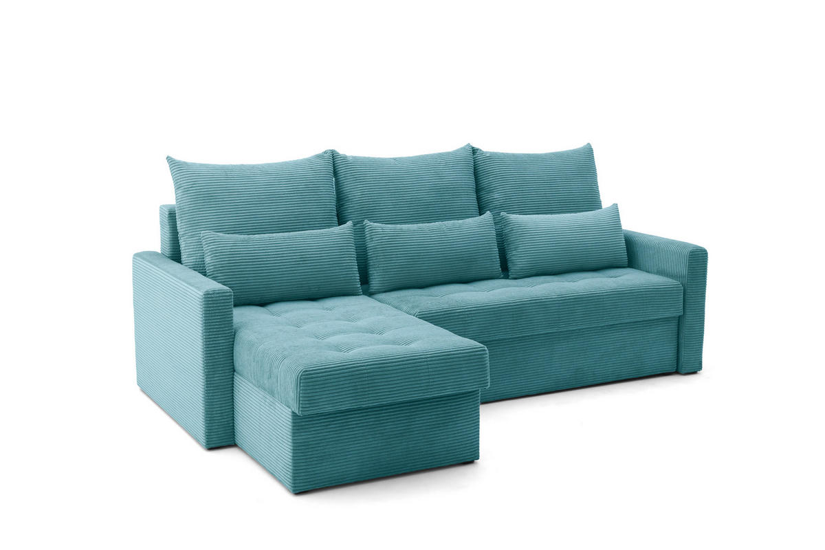 ECKSOFA PULA L Links mit Schlaffunktion 132x198 Cord Blau - Blau/Schwarz, Holz/Kunststoff (214/145cm) - Muffo
