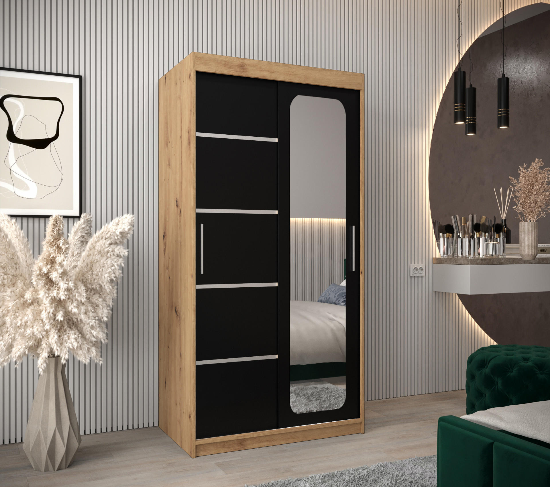 SCHWEBETÜRENSCHRANK 200/100/62 2-türig - Silberfarben/Schwarz, Holz/Kunststoff (100/200/62cm) - Abiks Möbel
