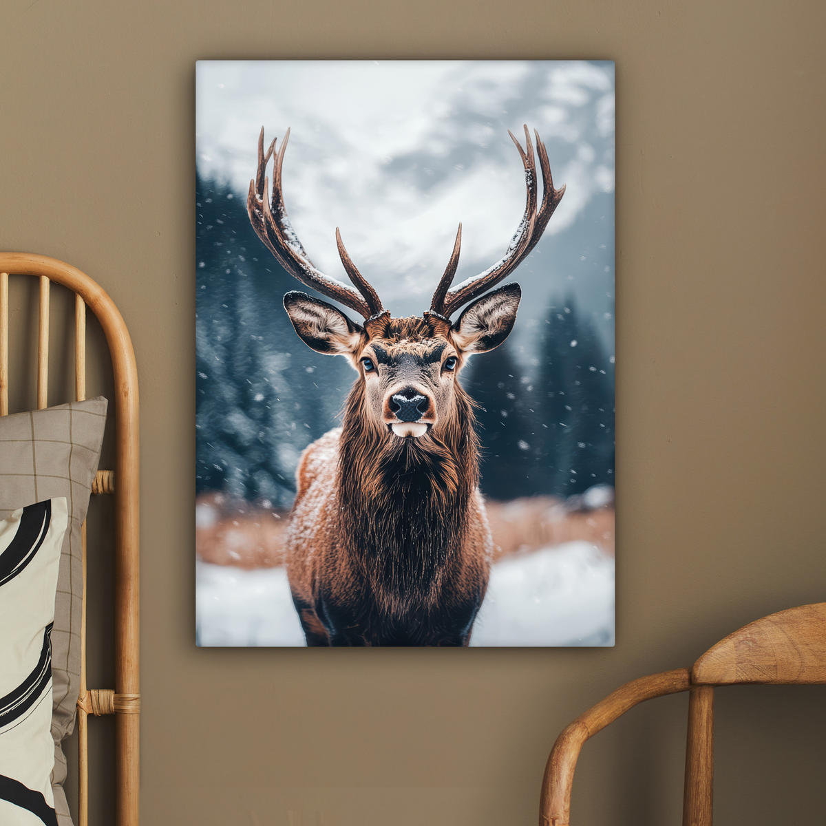 LEINWANDBILD Hirsche - Tiere - Landschaft - Winter - Schnee 60x80 cm - Kastanienfarben, Textil (60/80cm) - MuchoWow