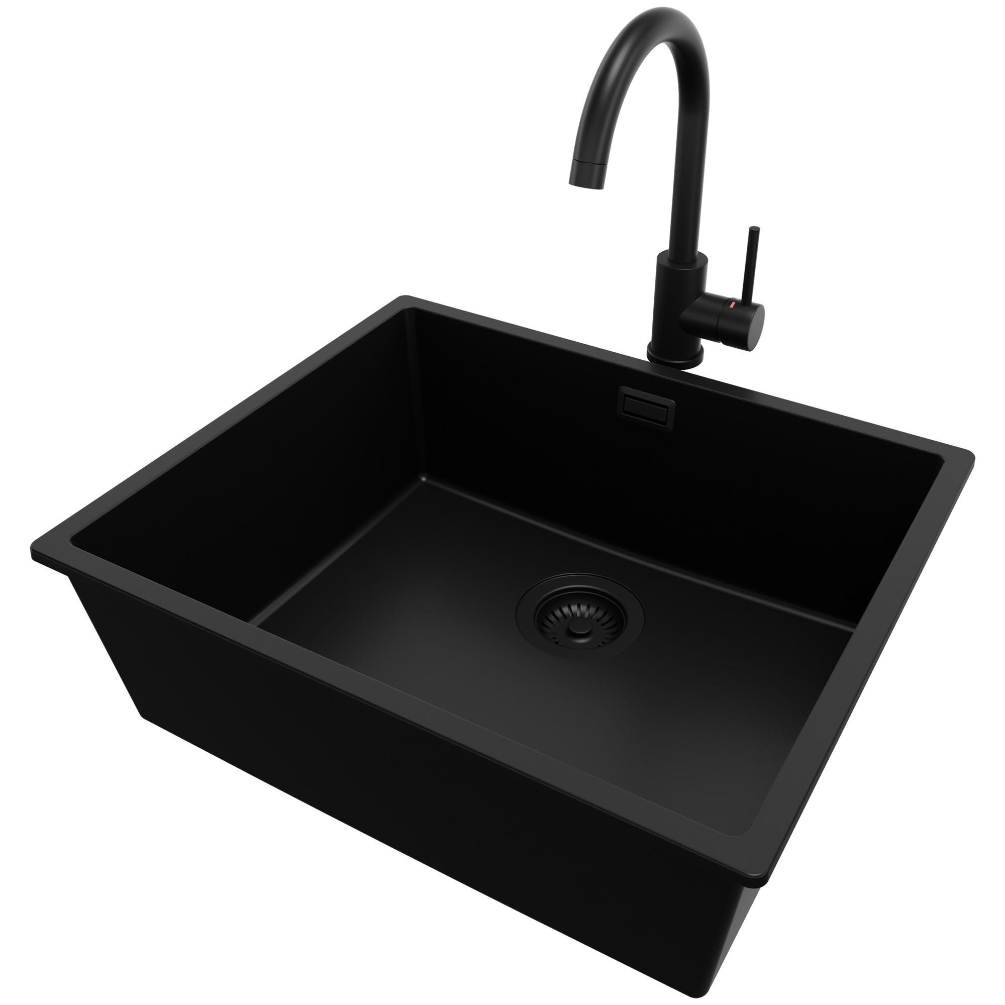 GRANITSPÜLE London Slim, 2-er set Alles Schwarz 56/47 cm 1 Becken + Küchenarmatur 32/20 cm + Ablauf-Set ab 60er Unterschrank - Schwarz, Kunststoff (56/20/47cm) - Primagran