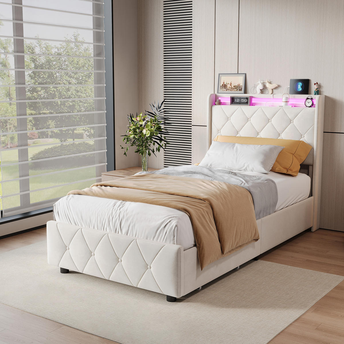 ČALOUNĚNÁ postel 90/200 cm béžová se zásuvkami a USB porty - béžová, dřevo (90/200cm) - SHOPENTRA