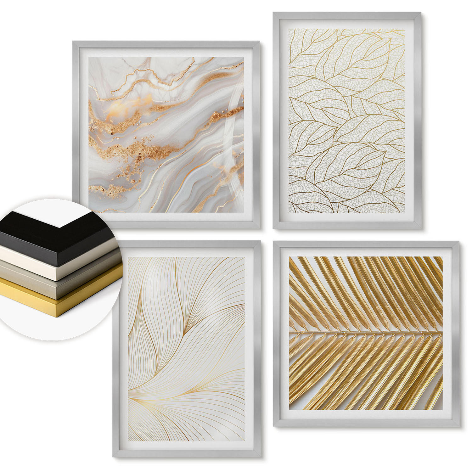 WANDBILDER 4er Set - 50x50 cm & 40x60 cm Silberner Rahmen - Blattmuster Marmor abstrakt - Silberfarben, Kunststoff (50/50cm) - ArtPrintCave