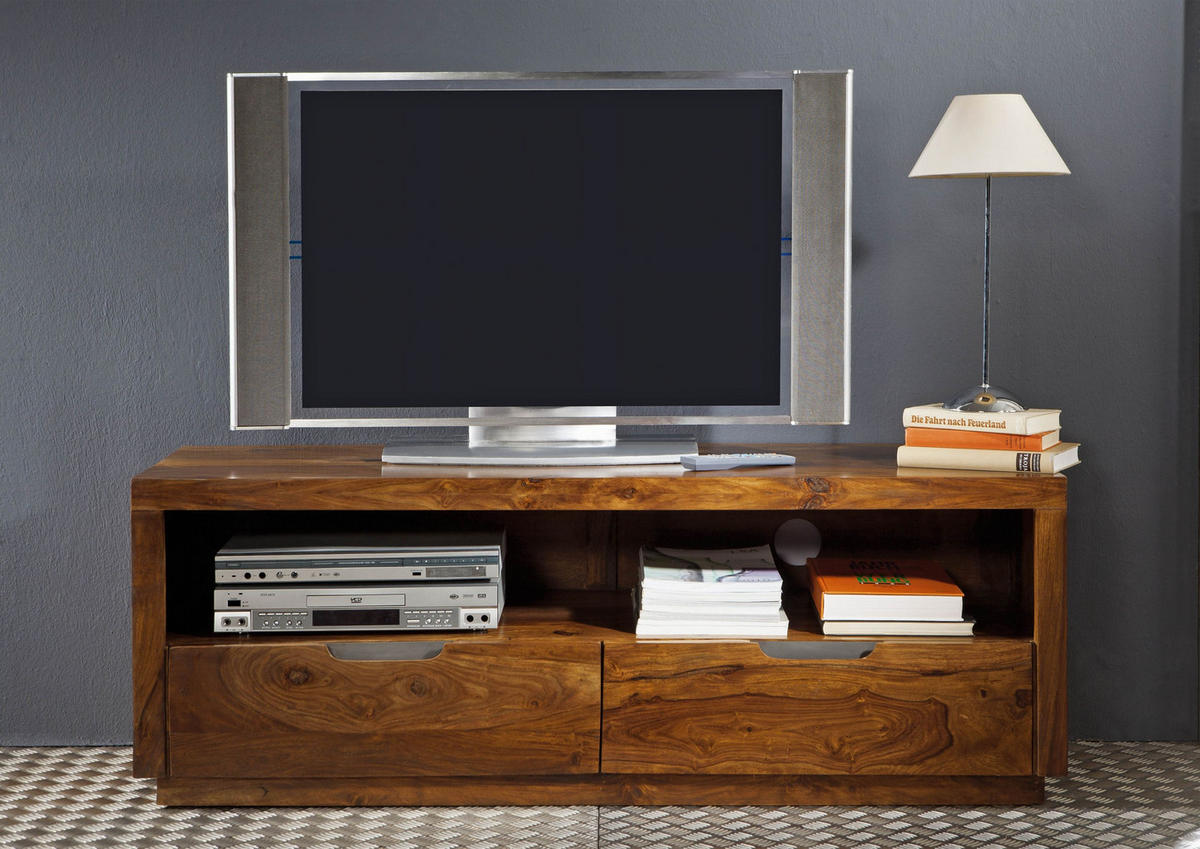 TV-BOARD Sheesham 140x45x50 walnuss lackiert DUKE #122 - Dunkelbraun, Holz (140/50/45cm) - Massivmoebel24