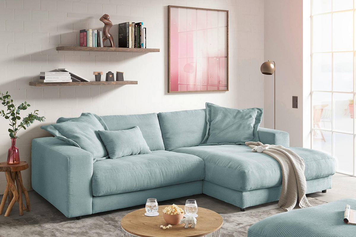 ECKSOFA MADELINE Hellblau Cord - Schwarz/Hellblau, Kunststoff/Textil (270/190cm) - KAWOLA