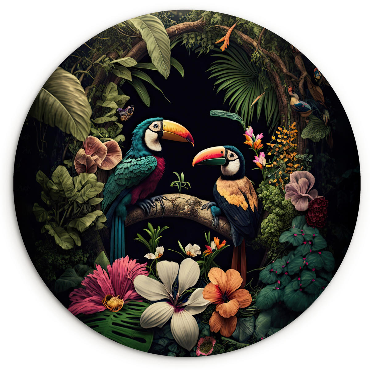 WANDBILD Vogel - Blumen - Pflanzen - Dschungel - Schwarz - Tukan 30x30 cm - Smaragdgrün, Kunststoff (30/30cm) - MuchoWow