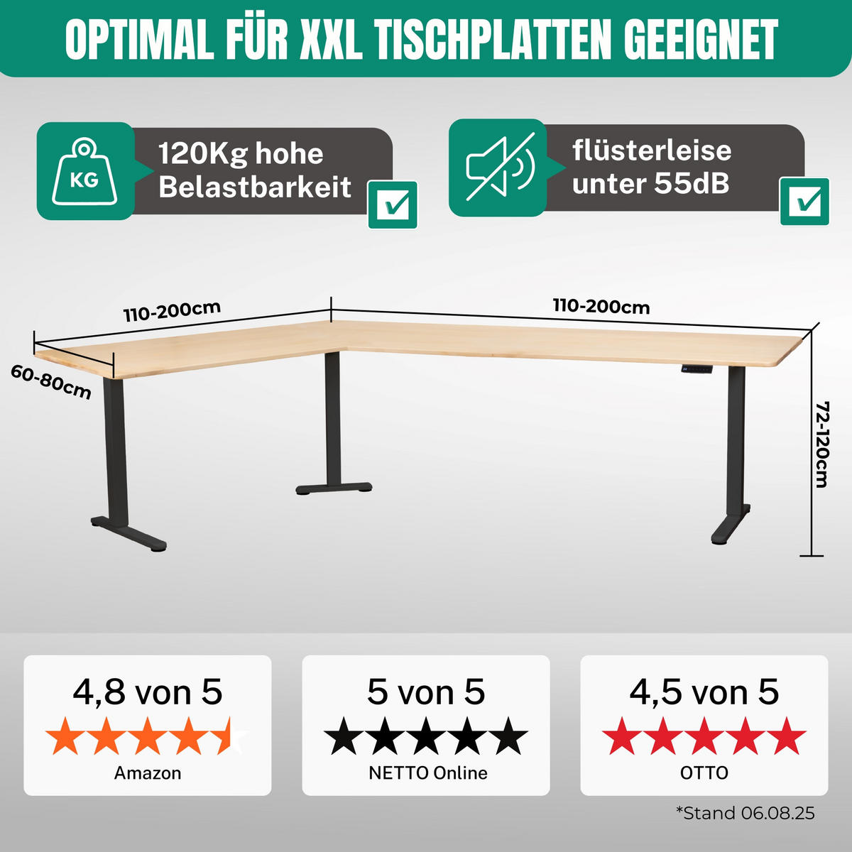 ECK TISCHGESTELL HÖHENVERSTELLBAR Lift L7 schwarz - Schwarz, Metall (68/180/118cm)