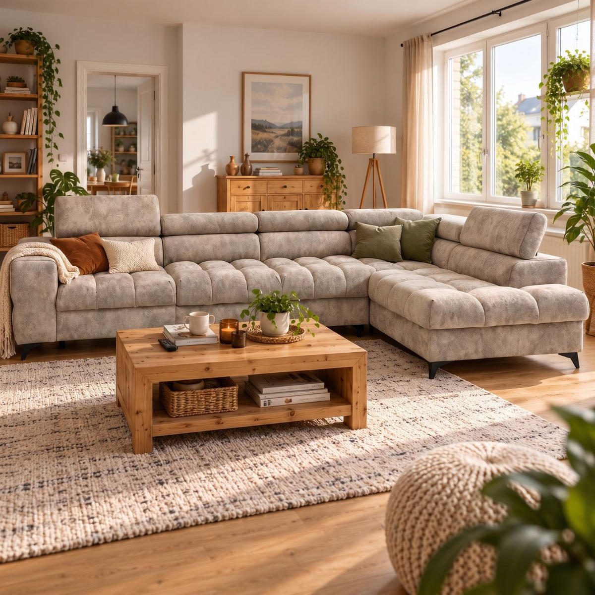 ECKSOFA PUDDING MAXI L Rechts mit Schlaffunktion 125x195 Velours Beige - Beige/Schwarz, Holz/Textil (203/350cm) - Muffo