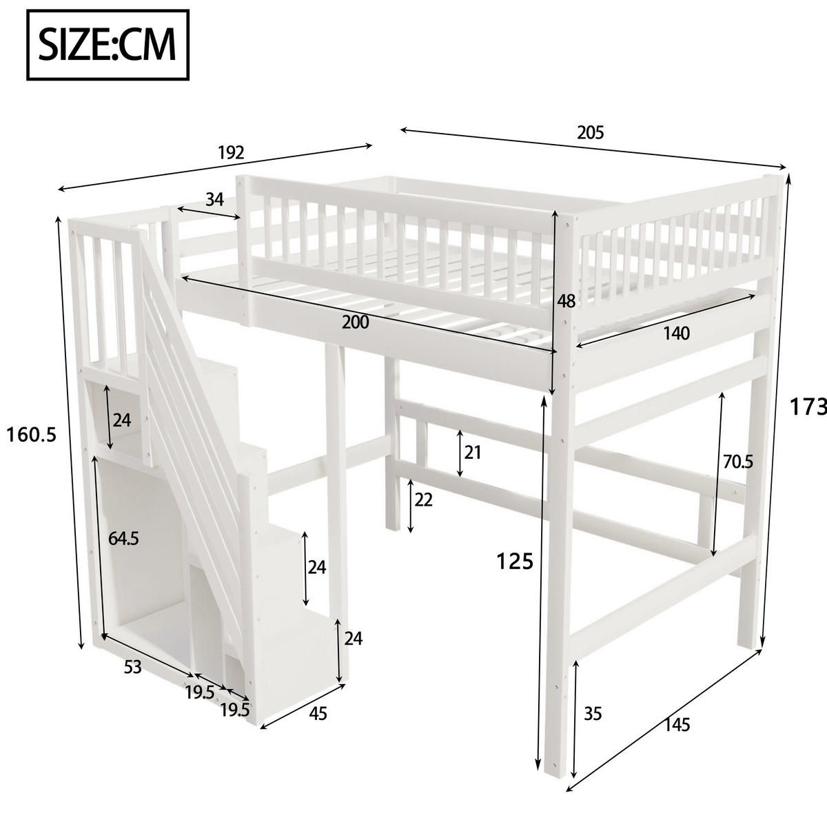 HOCHBETT 140/200 cm aus Kiefernholz und MDF mit Stauraumtreppe Weiß - Weiß, Holz (140/200cm) - Modenvie