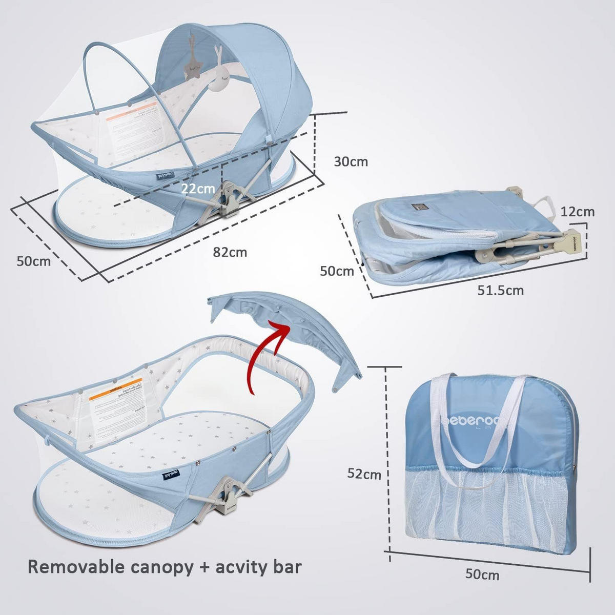 REISEBETT Stubenwagen Blau 82x44x30cm - Blau, Naturmaterialien - Beberoad