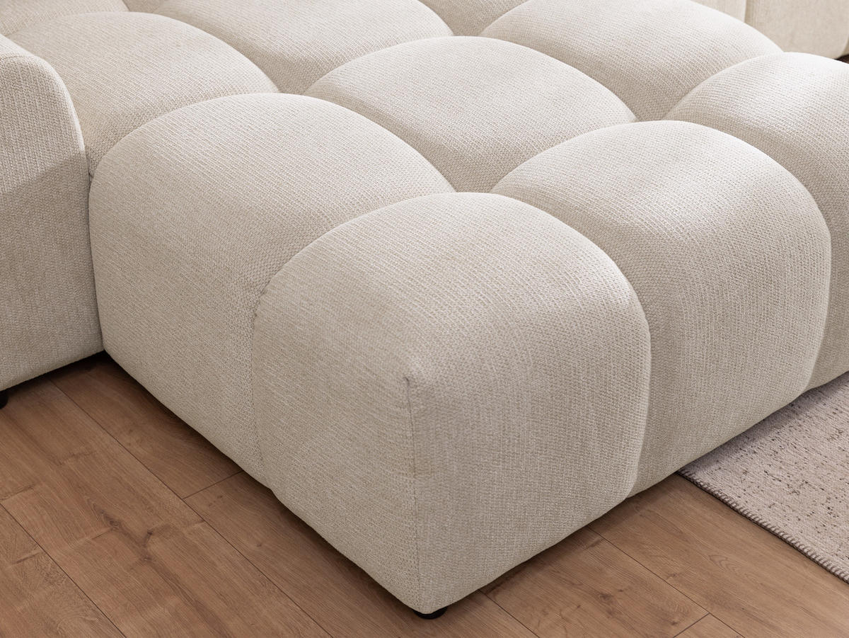 ECKSOFA Bubble mit losen Rückenkissen und Sitzfläche in Bubble-Optik aus weichem Hellbeige Strukturstoff mit schöner Sitzkomfort - Ottomane links - Beige/Schwarz, Holz/Kunststoff (180/306cm) - S-Style Möbel