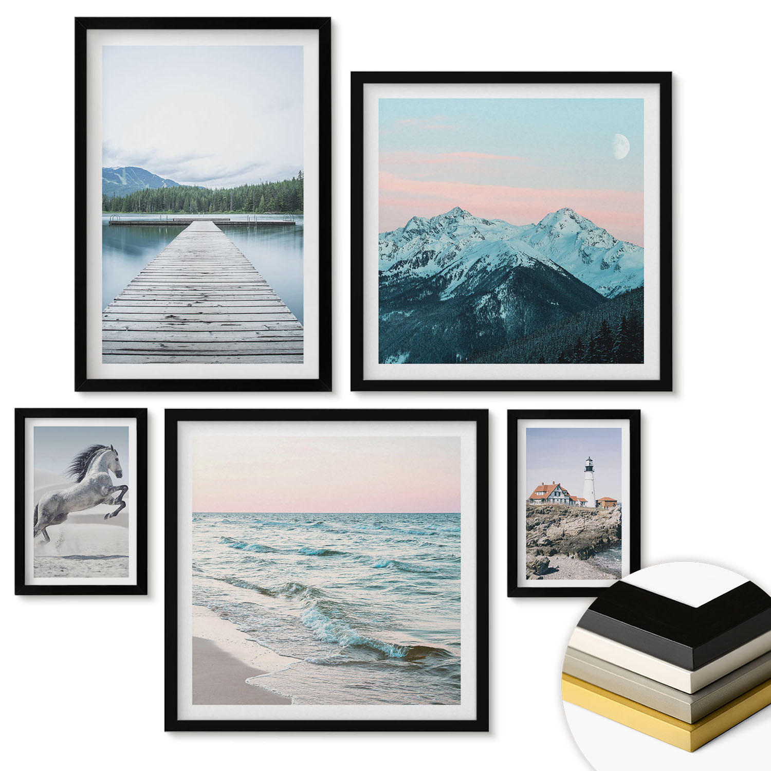 WANDBILDER 5er-Set - 50x50 cm & 20x30 cm & 40x60 cm Schwarzer Rahmen - Landschaften europäischer Städte - Schwarz, Kunststoff (40/60cm) - ArtPrintCave