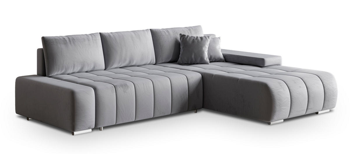 ECKSOFA ALESE R-S Hellgrau Velours-Stoff mit Schlaffunktion - Hellgrau, Holz (265/185cm) - MASSENO