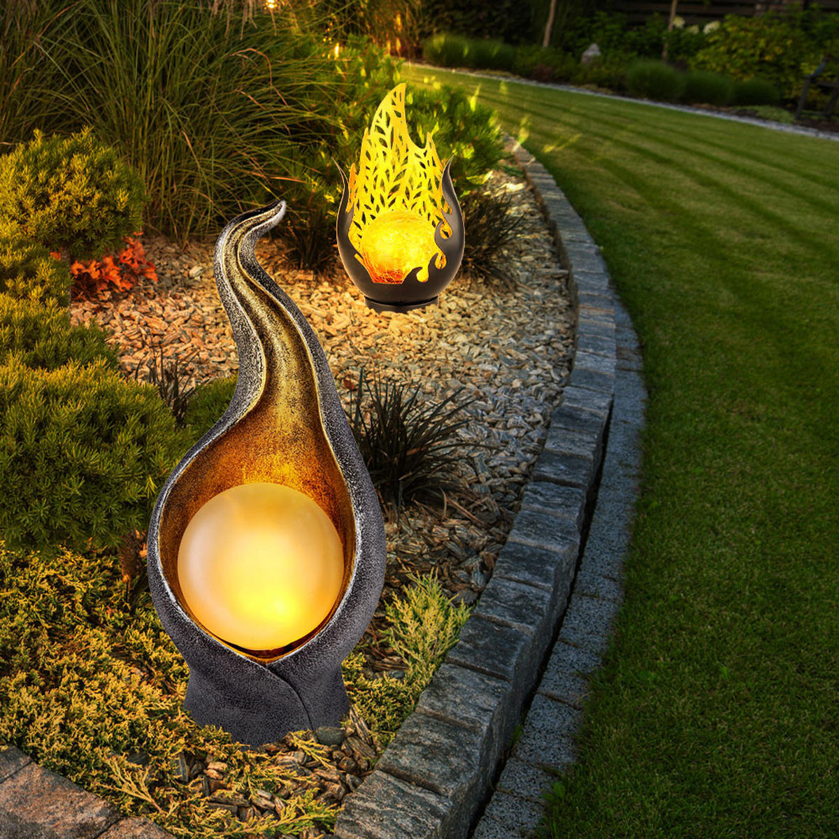 LED AUSSENLEUCHTE Silber Flammenoptik warmweiß 2er Set - Silberfarben, Metall (16.5/12.5/26.5cm) - Globo Lighting