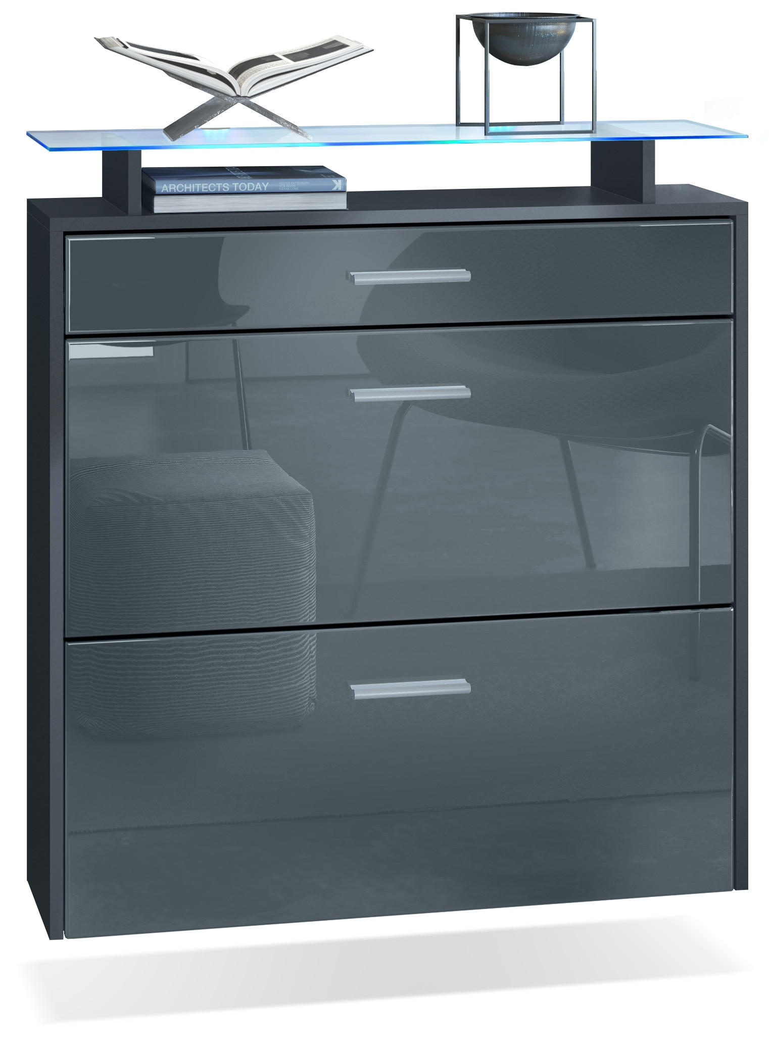 SCHUHSCHRANK Malea Fronten in Grau Hochglanz - Grau, Holzwerkstoff (89/96/23cm) - Vladon