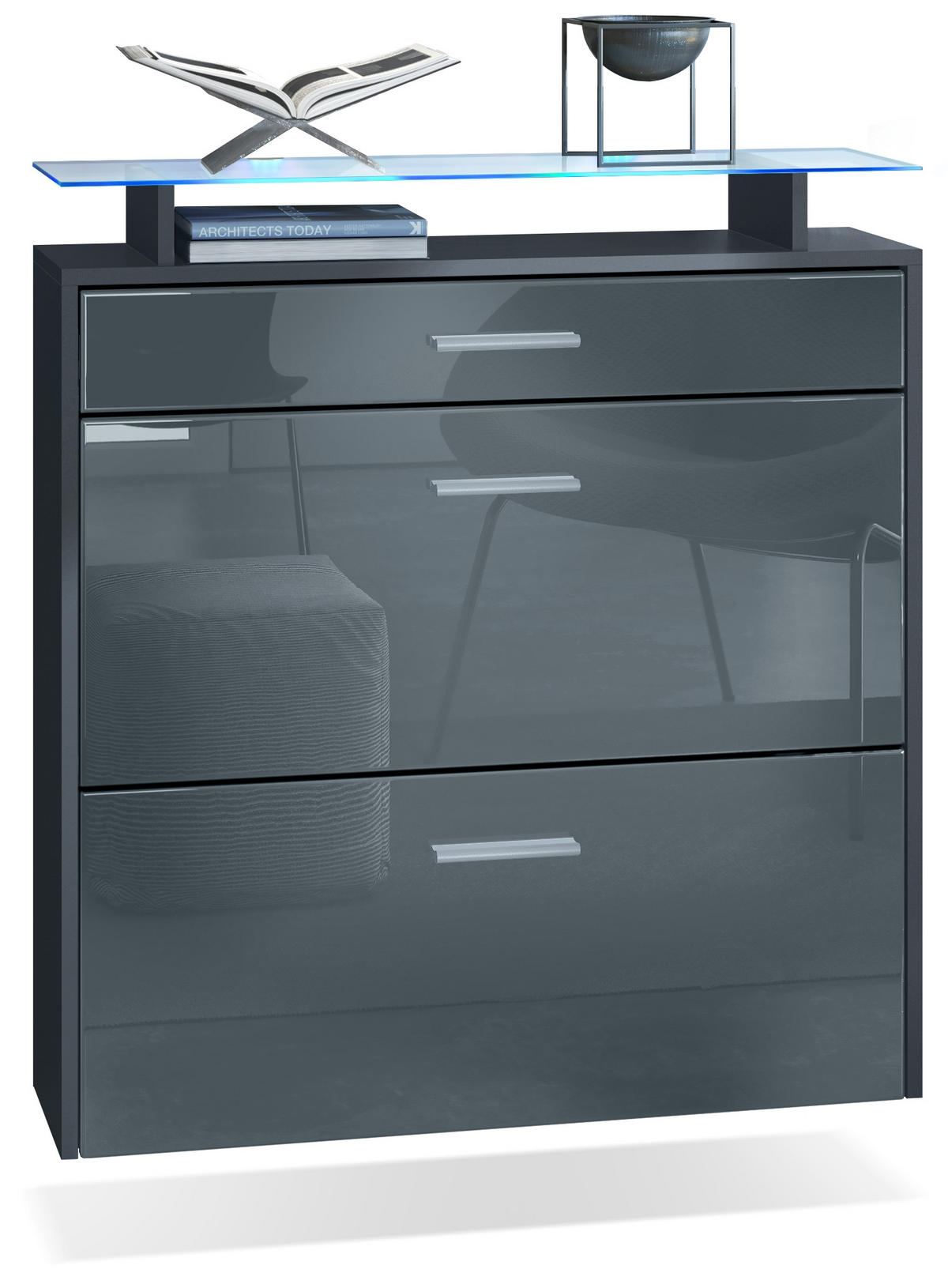 SCHUHSCHRANK Malea Fronten in Grau Hochglanz - Grau, Holzwerkstoff (89/96/23cm) - Vladon