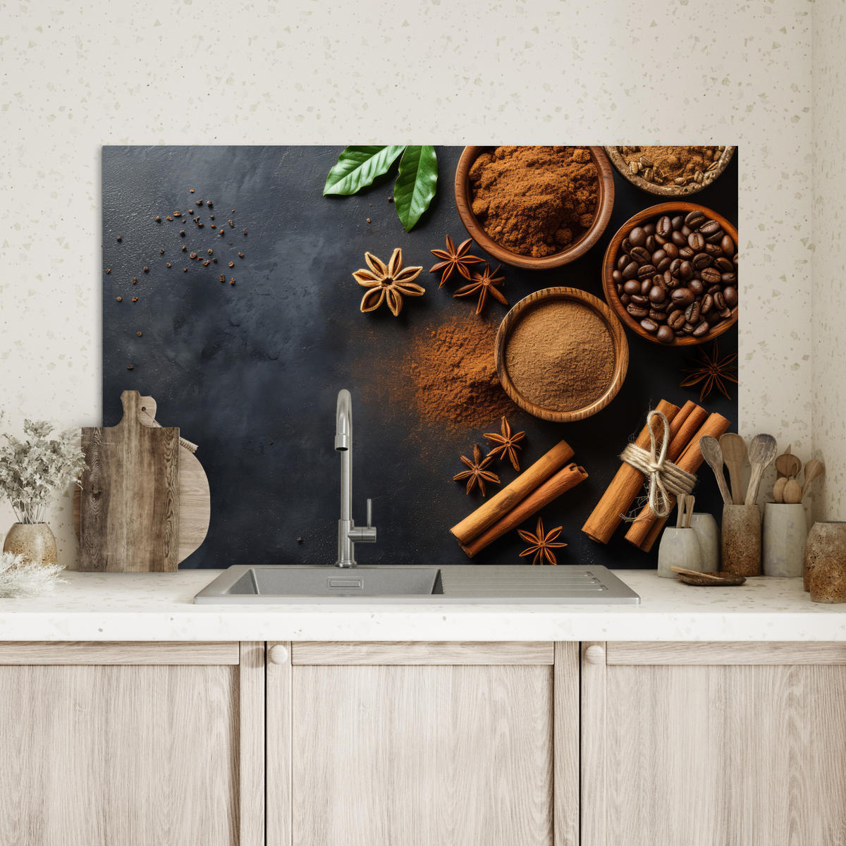 SPRITZSCHUTZ KÜCHE Zimt - Beton - Kaffee - Zimtstangen - Gewürze 90x60 cm - Mokka, Metall (90/0.3/60cm) - MuchoWow