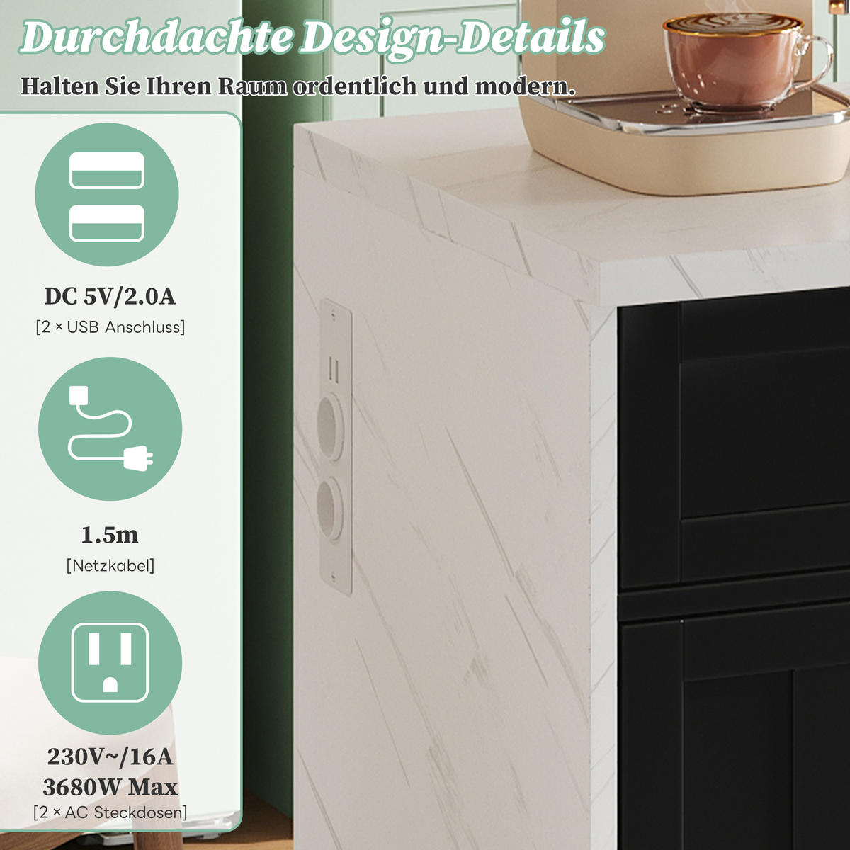 KÜCHENINSEL 120x60x91 cm mit Steckdosen, USB und Barbereich - Schwarz, Holzwerkstoff (120/91/60cm)