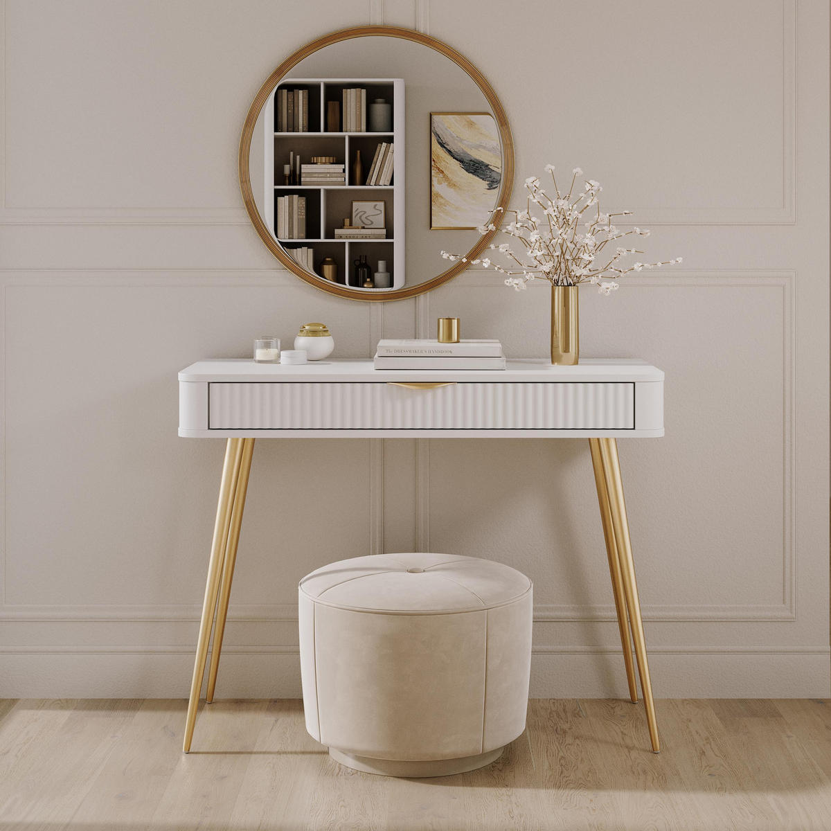 KONSOLENTISCH Vespasia 1S Beige 100,2/78/38 cm – Geriffelte Fronten - Goldfarben/Weiß, Holzwerkstoff/Metall (38/100.2/78cm) - AX Living