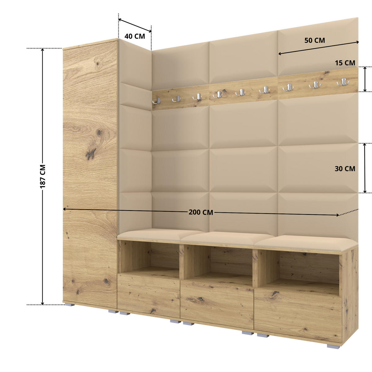 GARDEROBE NELA IX 200 cm (Modulare Flurmöbel Artisan Eiche mit Sitzpolster Beige 04 Breite Sitzbank) - Beige/Silberfarben, Holz/Holzwerkstoff (200/187/40cm) - Ravio