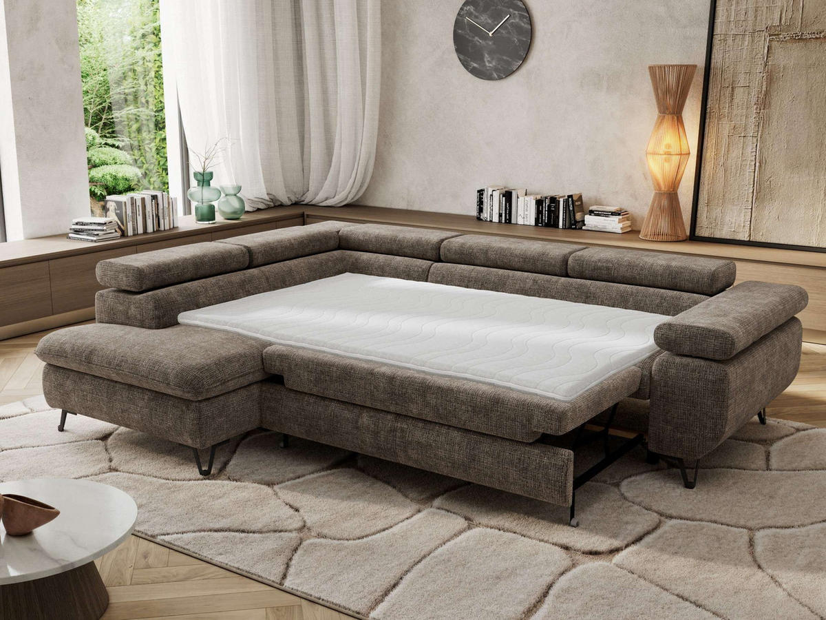 ECKSOFA PABLO L Braun Schenille grob gewebt - Links Seite mit T25 Topper - Schwarz/Braun, Textil/Metall (208/273cm) - MKS