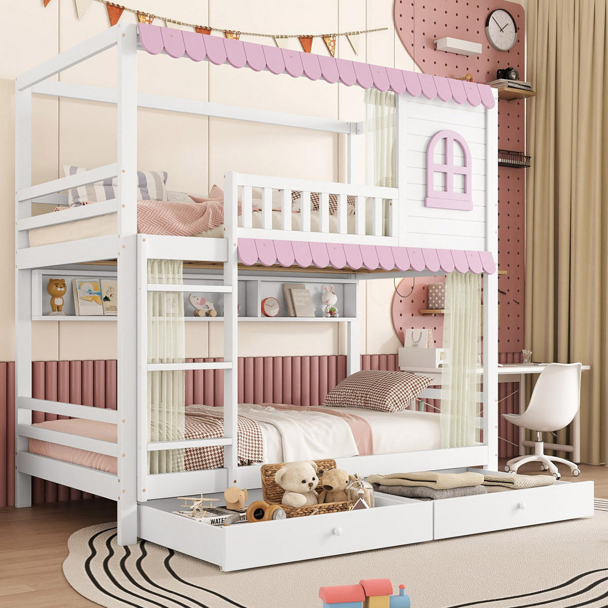 ETAGENBETT 90x200 cm Vorhang Schubladen rosa - Weiß, Holz (90/200cm) - LEBENLANG
