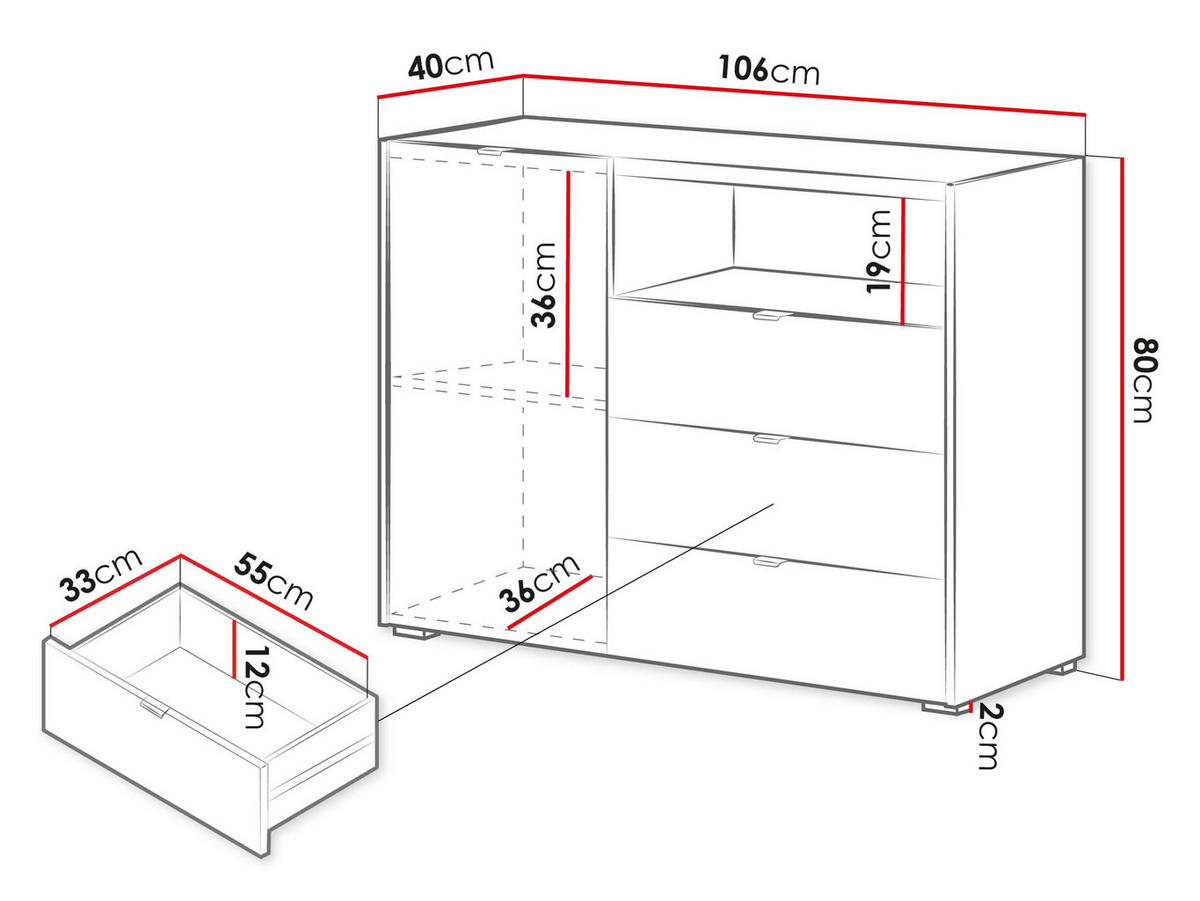 KOMMODE Cyliza 1D3SZ - Eichefarben/Graphitfarben, Holzwerkstoff/Kunststoff (106/80/40cm) - MIRJAN24