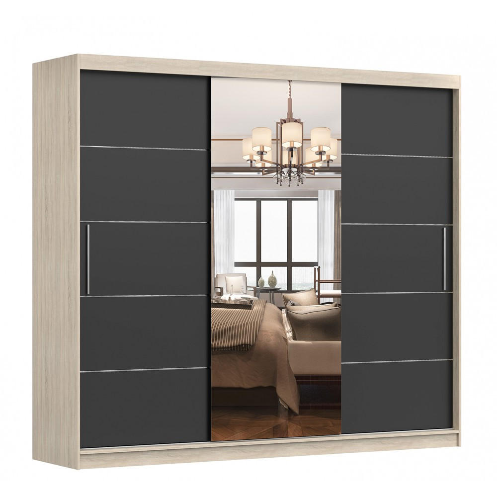 SCHWEBETÜRENSCHRANK ALBA Sonoma Eiche, Schwarz + Spiegel, ohne LED Beleuchtung 250 cm - Schwarz/Alufarben, Glas/Holzwerkstoff (250/218/61cm) - imoebel24