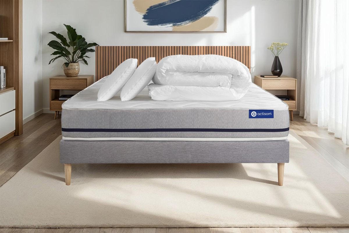 BETT Actiflex soft Taschenfederkern 140 x 190 cm h2 - Kit Bettgestell Grau - Mit Kissen und Bettdecke - Beige/Grau, Karton/Holz (140/190cm) - ACTISOM