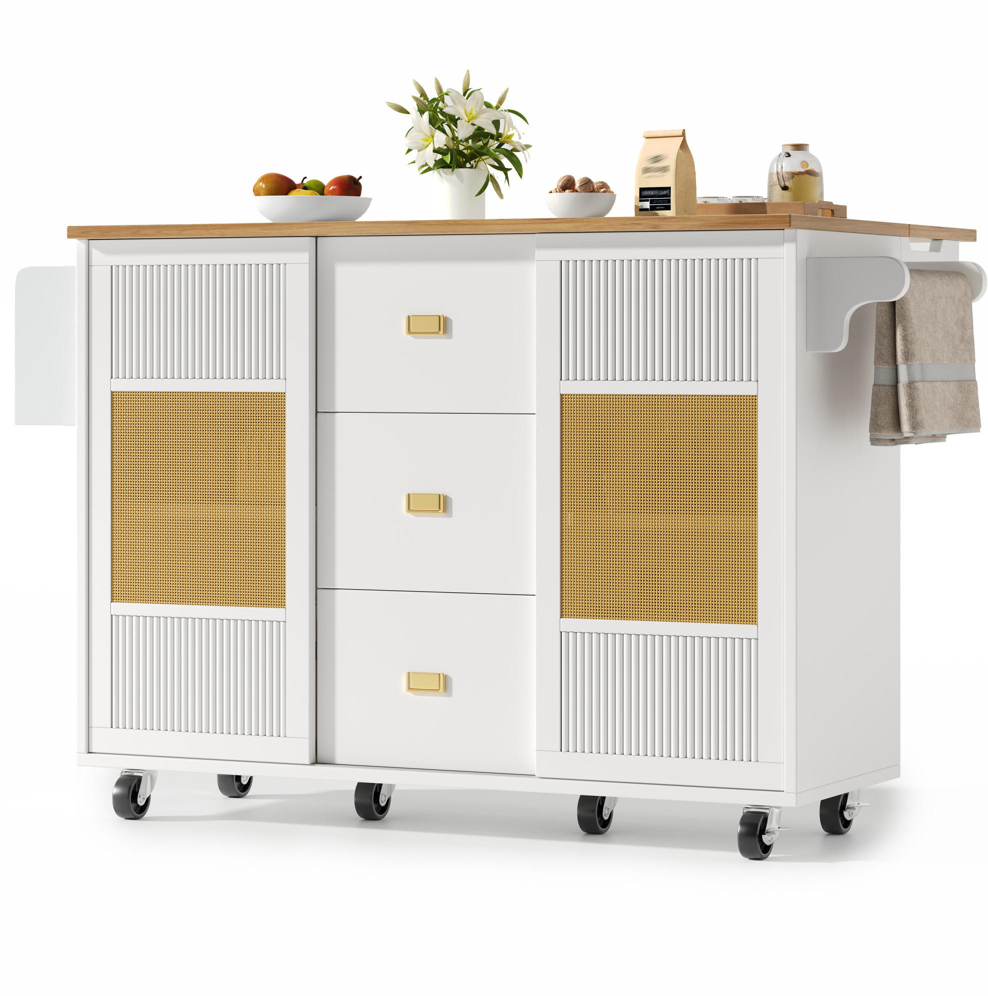 KÜCHENINSEL 146,85/90/70 cm Weiß aus MDF und Metall mit Klapptisch und Rollen - Weiß, Holzwerkstoff (70/90/146.85cm) - OKMYHOME