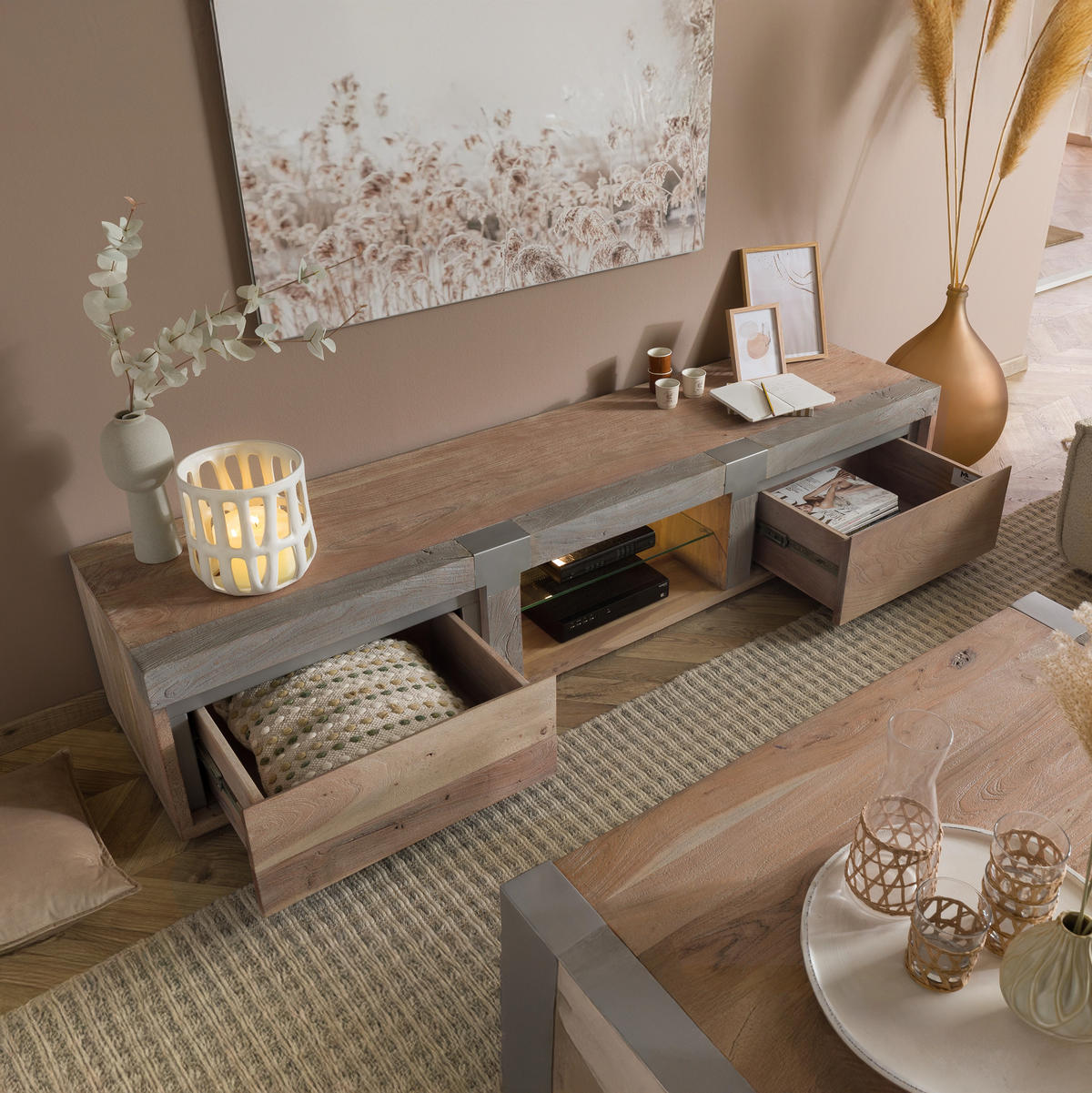 TV-BOARD Akazie 205x48x39 beige lackiert Amsterdam #102 - Beige, Holz (205/39/48cm) - Massivmoebel24