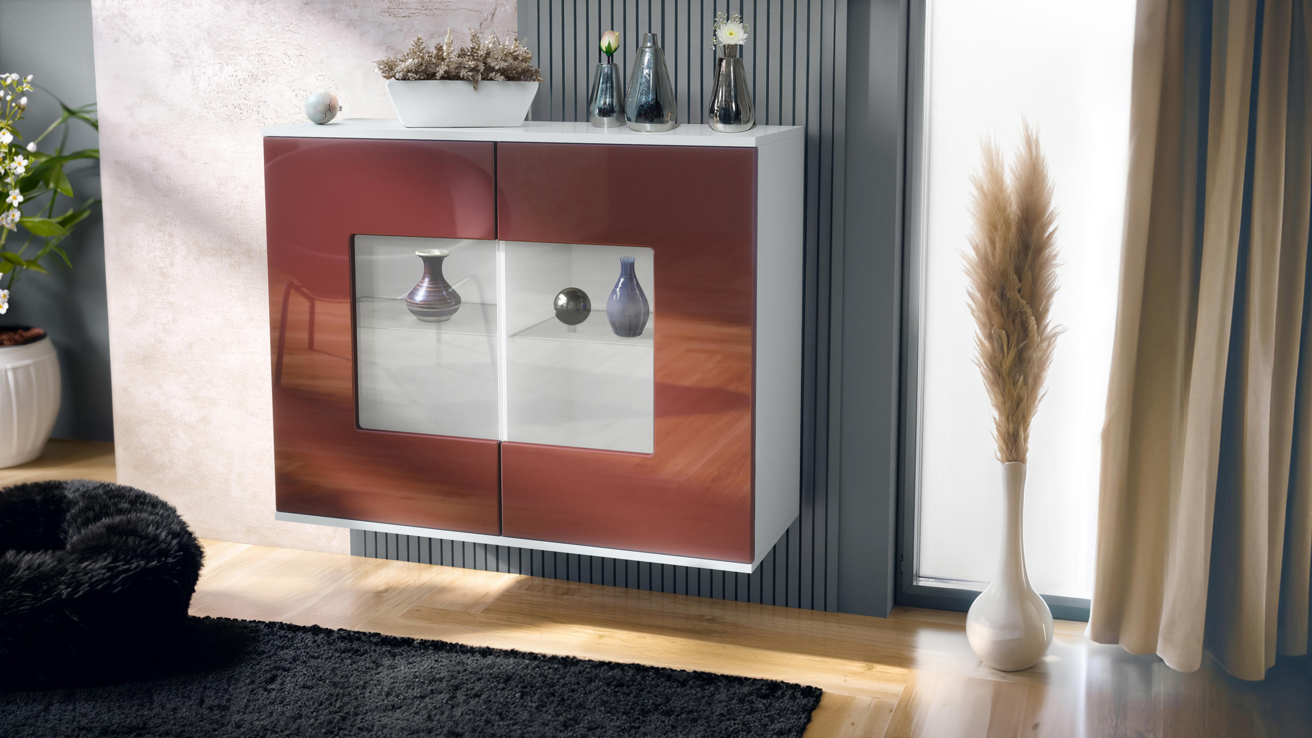 KOMMODE Grömitz Bordeaux Hochglanz - Bordeaux, Holzwerkstoff (92.5/73.5/35cm) - Vladon