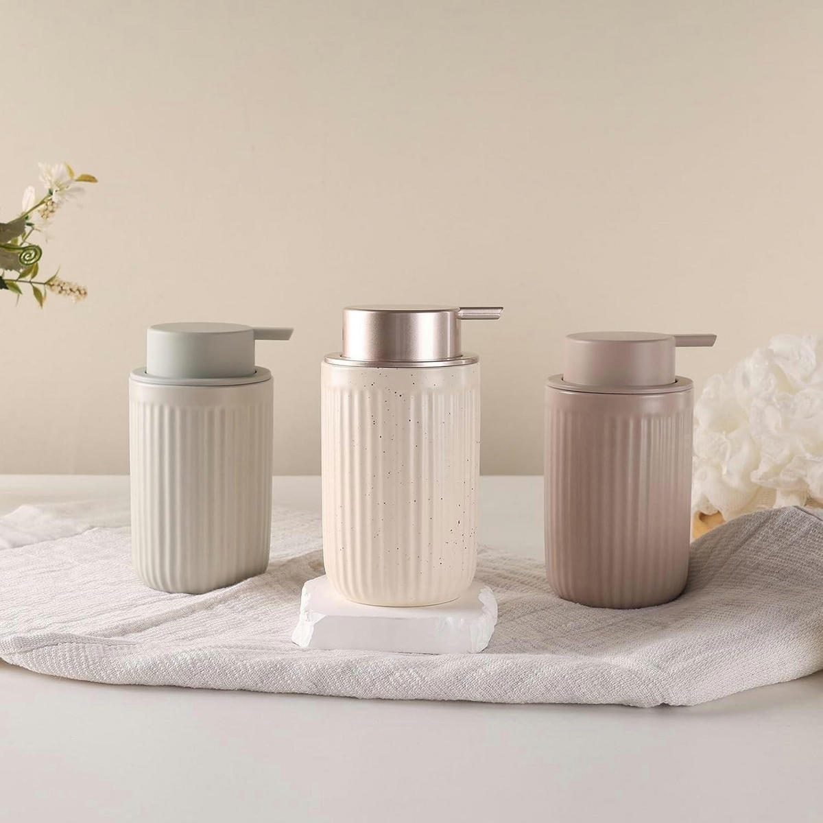 SEIFENSPENDER Keramik 350ml Streifen Beige & Rosa - Beige, Keramik (8/14/8cm)