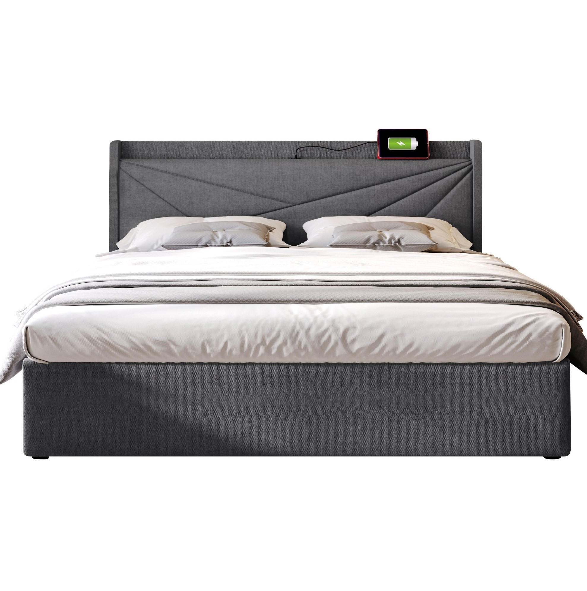 POLSTERBETT 160/200 cm mit Bettkasten, USB-C und gepolstertem Kopfteil - Grau, Textil (160/200cm) - BEAOK